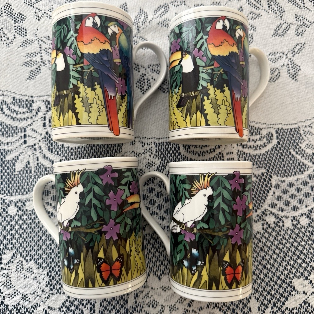 4 Dunoon Stoneware Coffee Mugs by Ruth Boden Scotland Tropical Birds